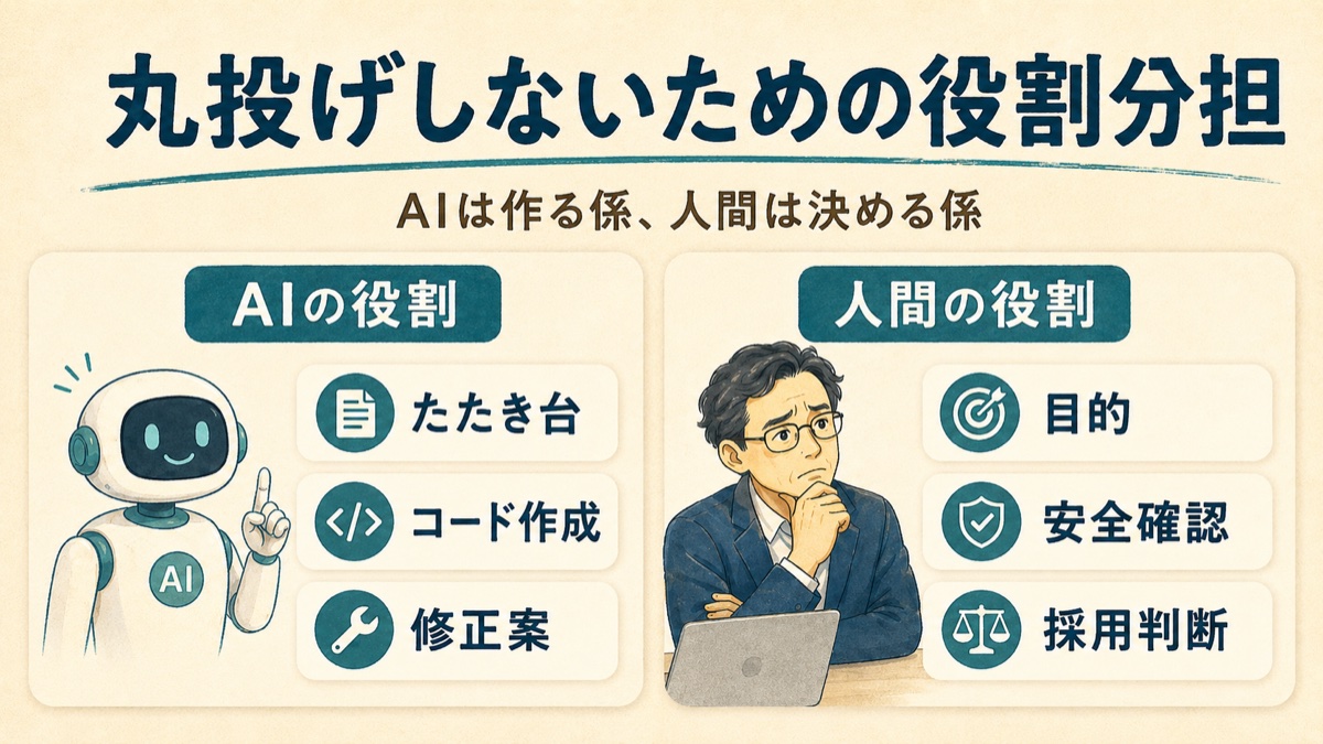 AIはコードを作る係、人間は目的や安全性を決める係という役割分担を示した図解