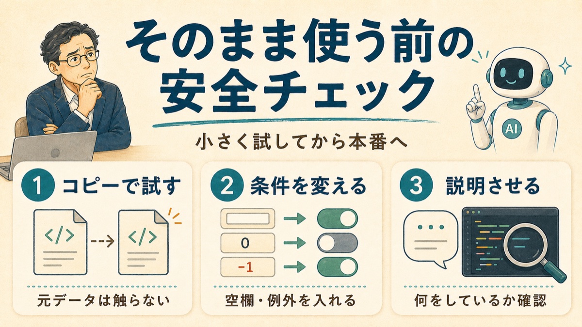 AIコードを本番で使う前に、コピーで試す・条件を変える・説明させるという安全チェックを示した図解