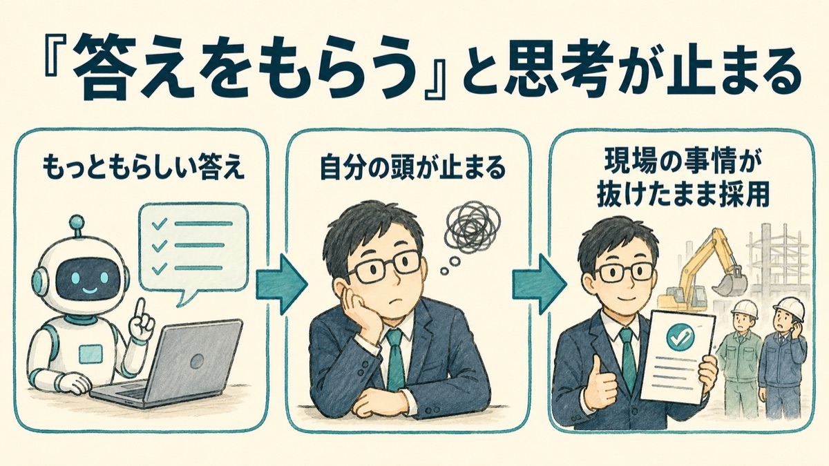 AIを答えを出す道具として使った場合の落とし穴を示した図。もっともらしい答えを受け取った瞬間に自分の思考が止まり、現場の事情が抜けたまま採用してしまう流れ