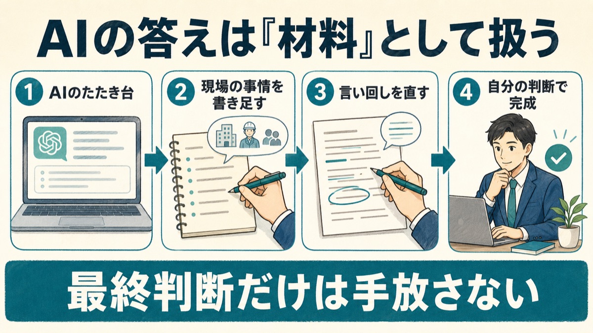 AIの答えを材料として扱う流れを示した図。AIのたたき台に、自分の現場の事情を書き足し、言い回しを直して、自分の判断で完成させる