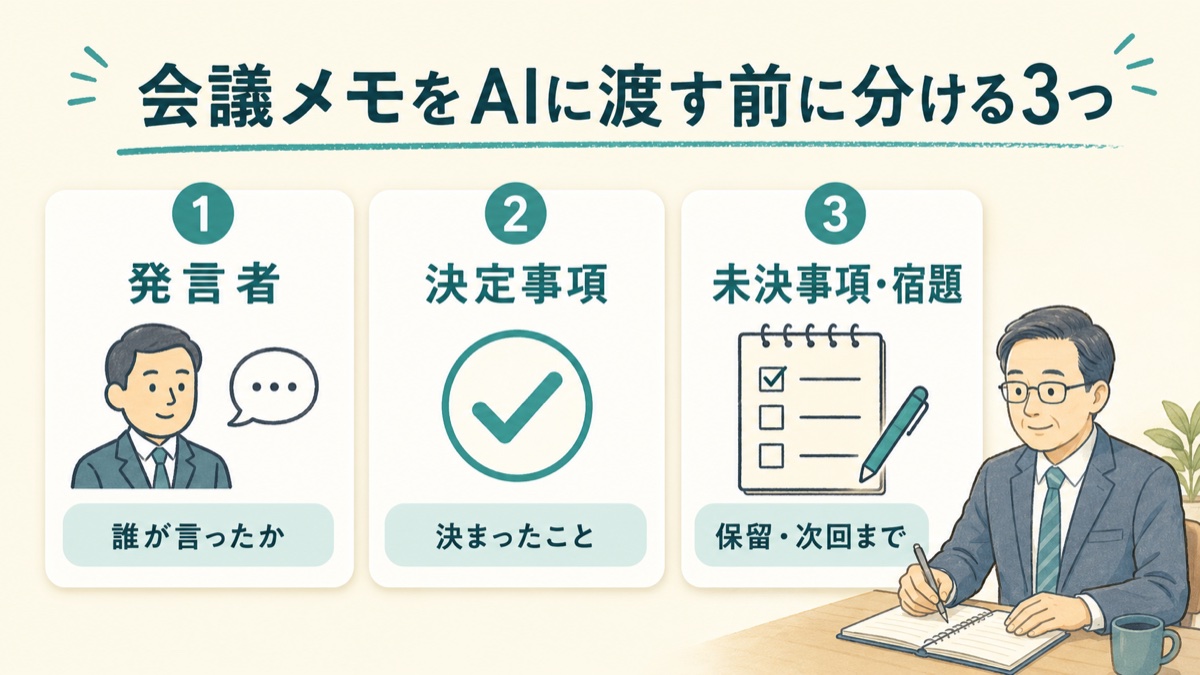 会議メモをAIに渡す前に、発言者・決定事項・未決事項の3つに分ける図解