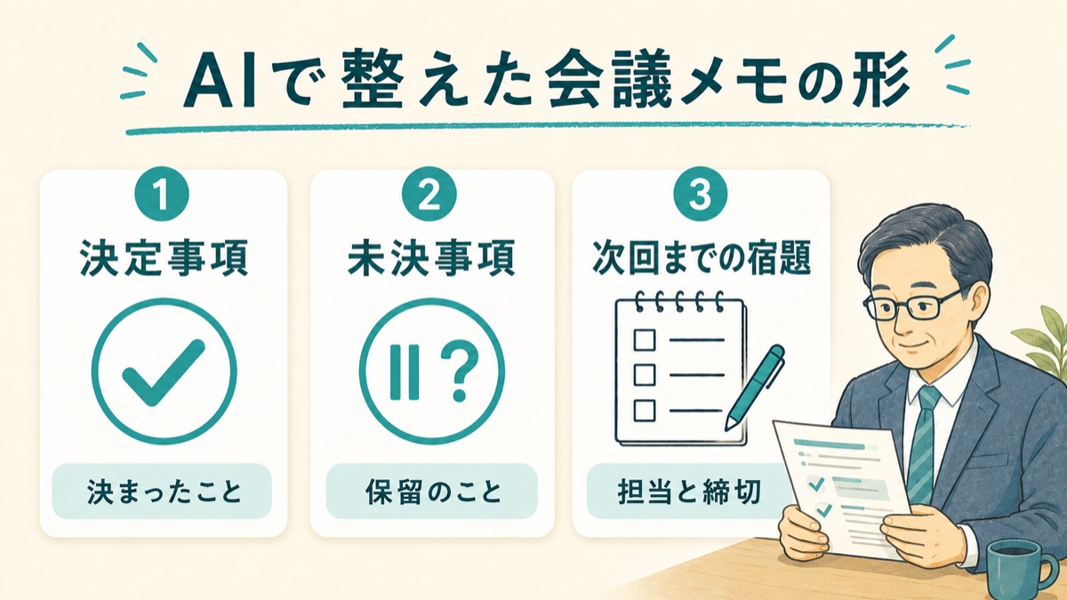 AIで整えた会議メモを、決定事項・未決事項・次回までの宿題に分けて確認する図解