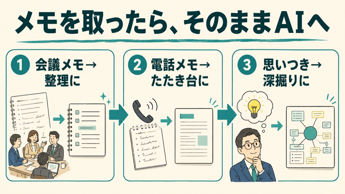 メモをそのままAIに渡す習慣を示した図。会議メモ、電話メモ、思いつきメモが、それぞれ整理・たたき台・深掘りに変わる流れ