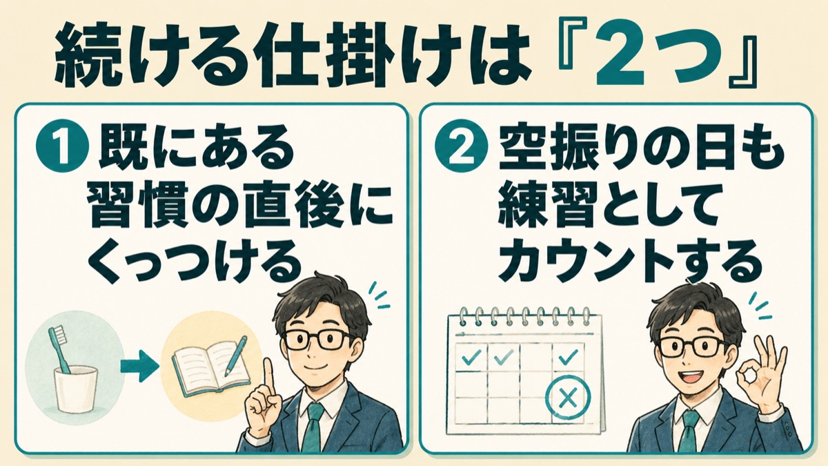 AI習慣を続けるための2つの仕掛けを示した図。既にある習慣の直後にくっつける、成果がない日も練習としてカウントする