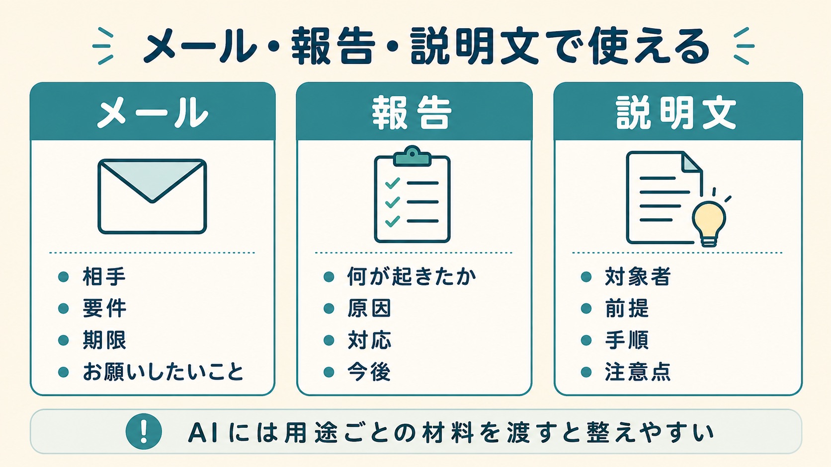 AIで文章を整えてもらうときに、メール・報告・説明文それぞれで渡す材料の違いを示した図