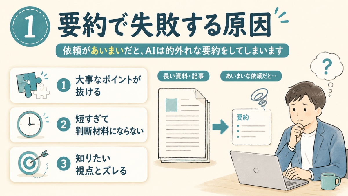 AIへの要約依頼があいまいだと、大事なポイントが抜けたり視点がズレたりすることを示した図解