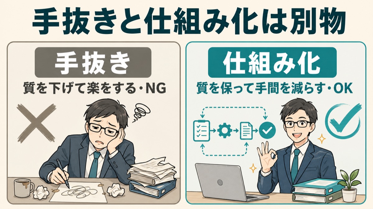 手抜きと仕組み化の違いを比較した図。手抜きは質を下げて楽をする、仕組み化は質を保ったまま手間を減らす。AIの活用は仕組み化に当たる