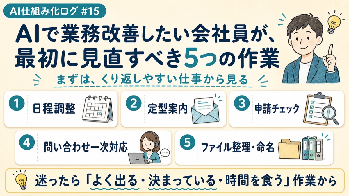 AIで業務改善したい会社員が最初に見直すべき5つの作業を示した図解