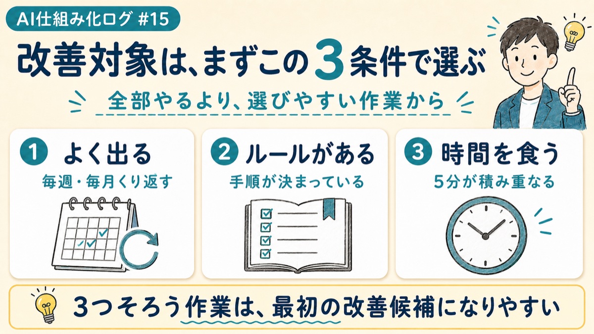 改善対象を選ぶための3条件として、よく出る・ルールがある・時間を食うを示した図解