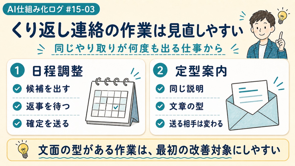 日程調整や定型案内など、くり返し連絡の作業は見直しやすいことを示した図解