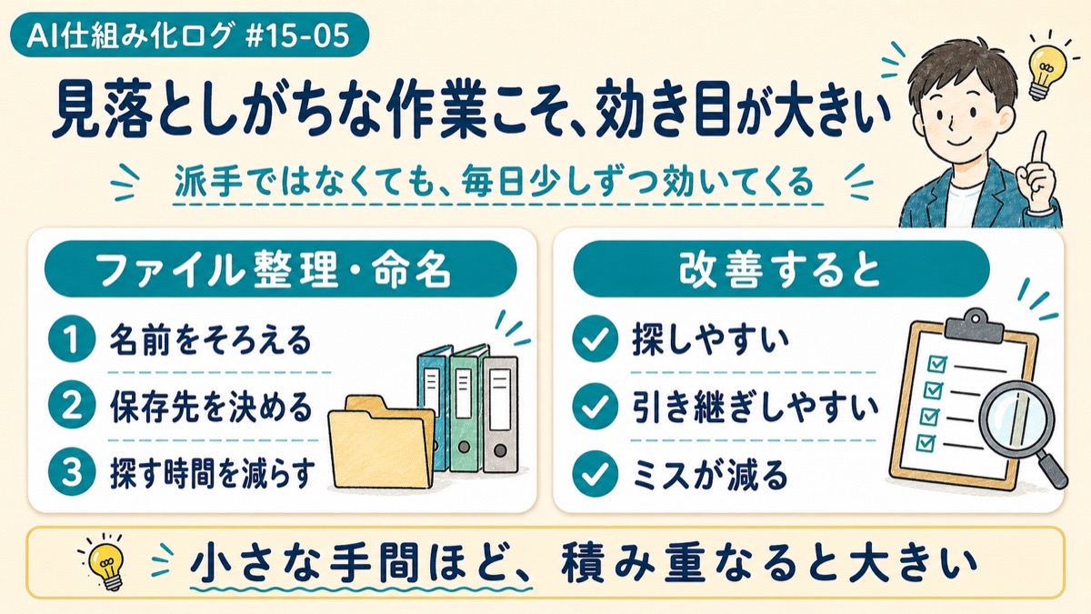 ファイル整理や命名など、見落としがちな小さな作業ほど効き目が大きいことを示した図解