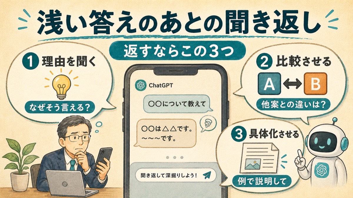 浅い答えのあとの聞き返し。理由を聞く、比較させる、具体化させるの3つ