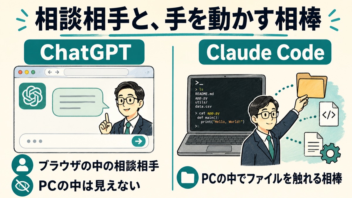 ChatGPTとClaude Codeの根本的な違いを示した図。ChatGPTはブラウザの中の相談相手でパソコンの中は見えない。Claude Codeはパソコンの中でファイルを直接触れる作業相棒