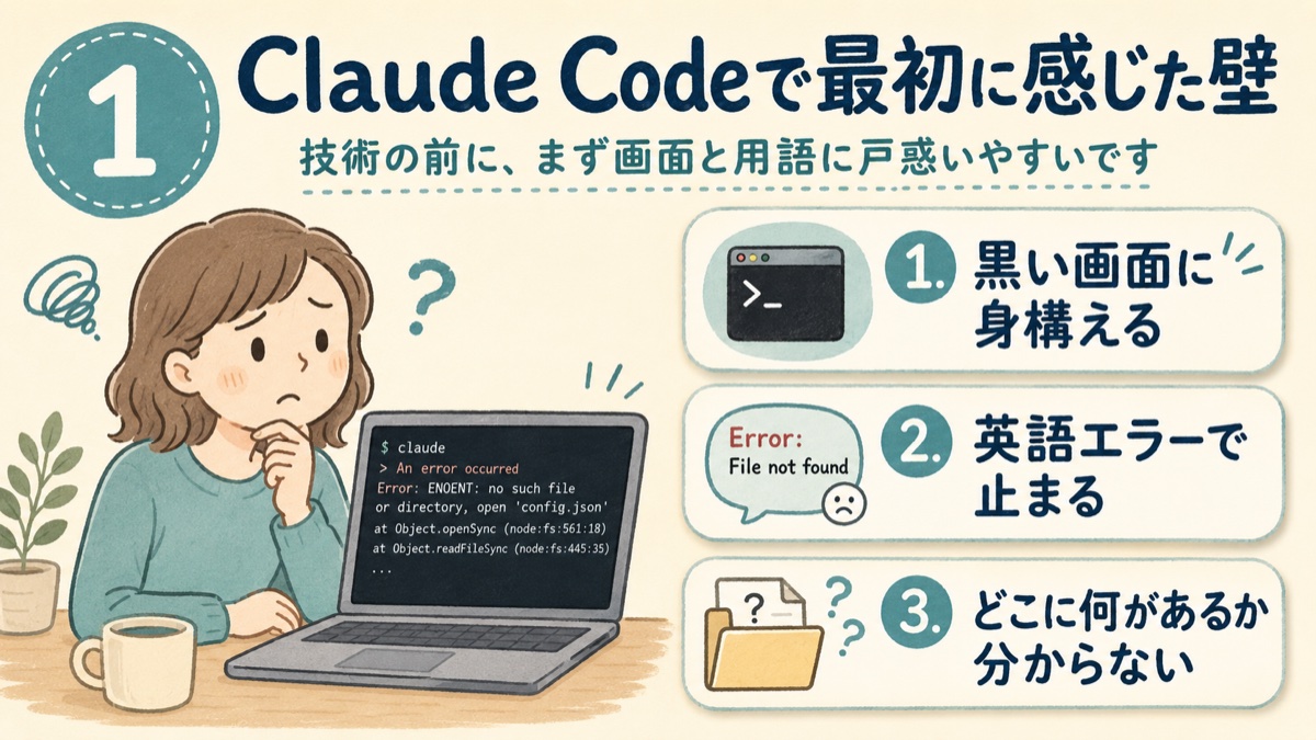 非エンジニアがClaude Codeで最初に感じやすい、黒い画面・英語エラー・ファイル構成の壁を示した図解