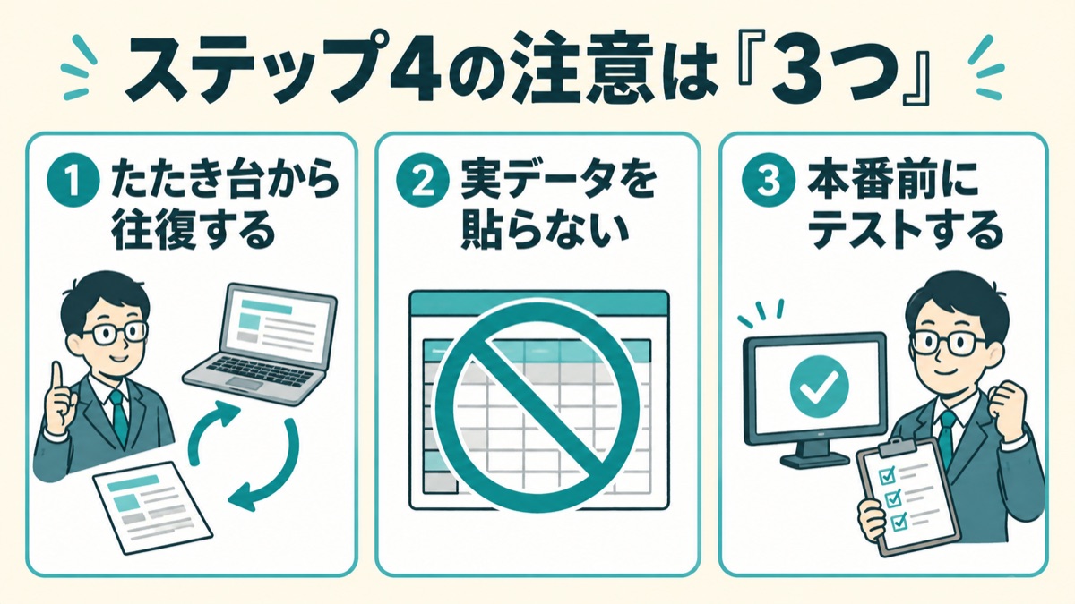 AIと小さく試すステップの注意点を示した図。完璧を求めずたたき台から往復する、実データを貼らない、本番前にテストする、の3点