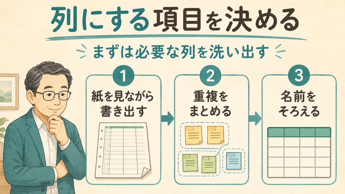 列にする項目を決める流れ。紙を見ながら書き出す、重複をまとめる、名前をそろえる
