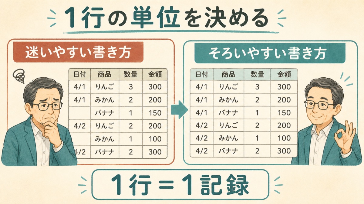 1行の単位を決める図解。迷いやすい書き方とそろいやすい書き方の比較。1行＝1記録