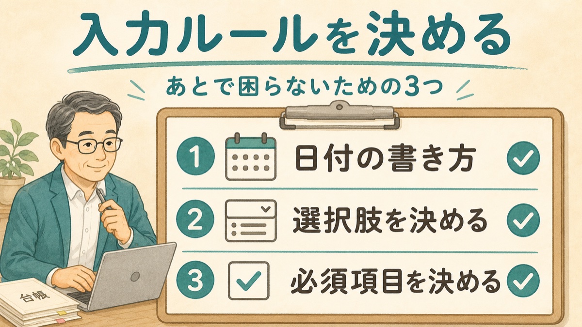 入力ルールを決める図解。日付の書き方、選択肢を決める、必須項目を決めるの3つ