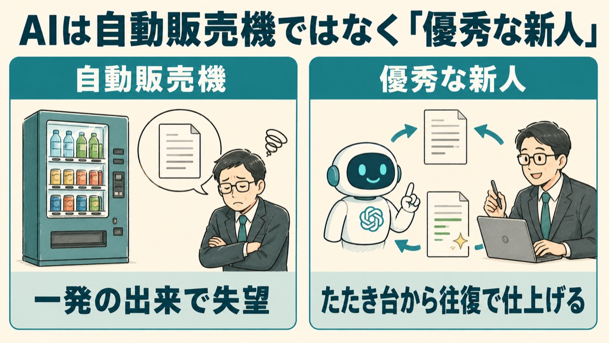 AIへの期待値の違いを比較した図。自動販売機として見ると一発の出来で失望して終わる。優秀な新人として見ると、たたき台から往復で仕上げる前提になり成果につながる