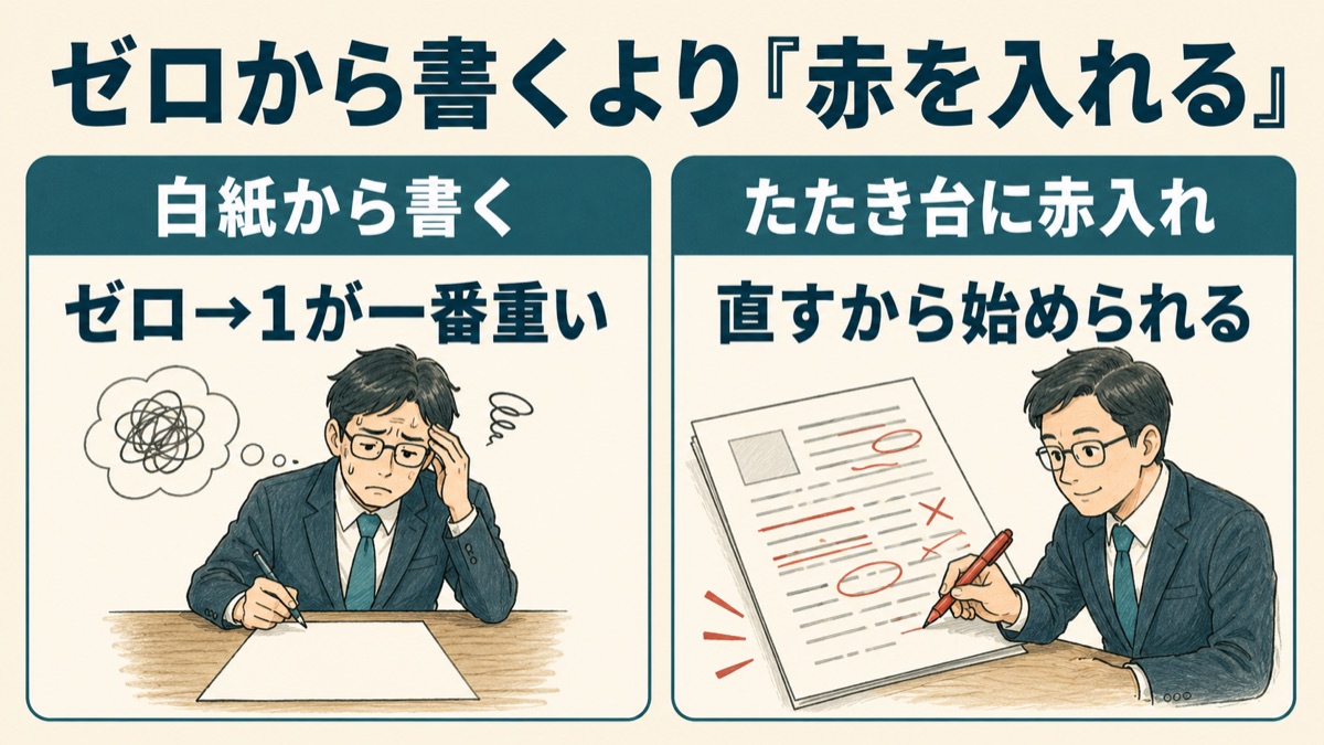 ゼロから作る場合とAIのたたき台に赤を入れる場合の比較図。ゼロから1を生み出す部分が一番重く、たたき台があれば直す作業から始められる