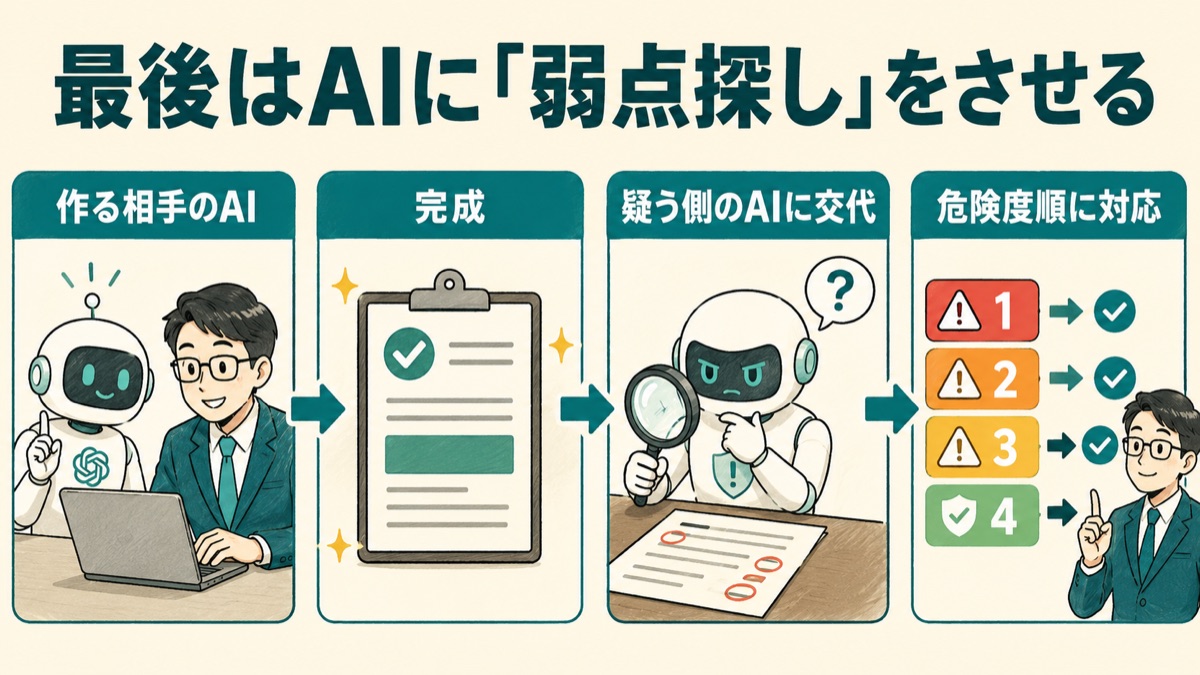 AIにセキュリティチェックをさせる流れを示した図。作る相手としてのAIと、弱点を探す監査役としてのAIを使い分け、指摘に危険度順で対応する