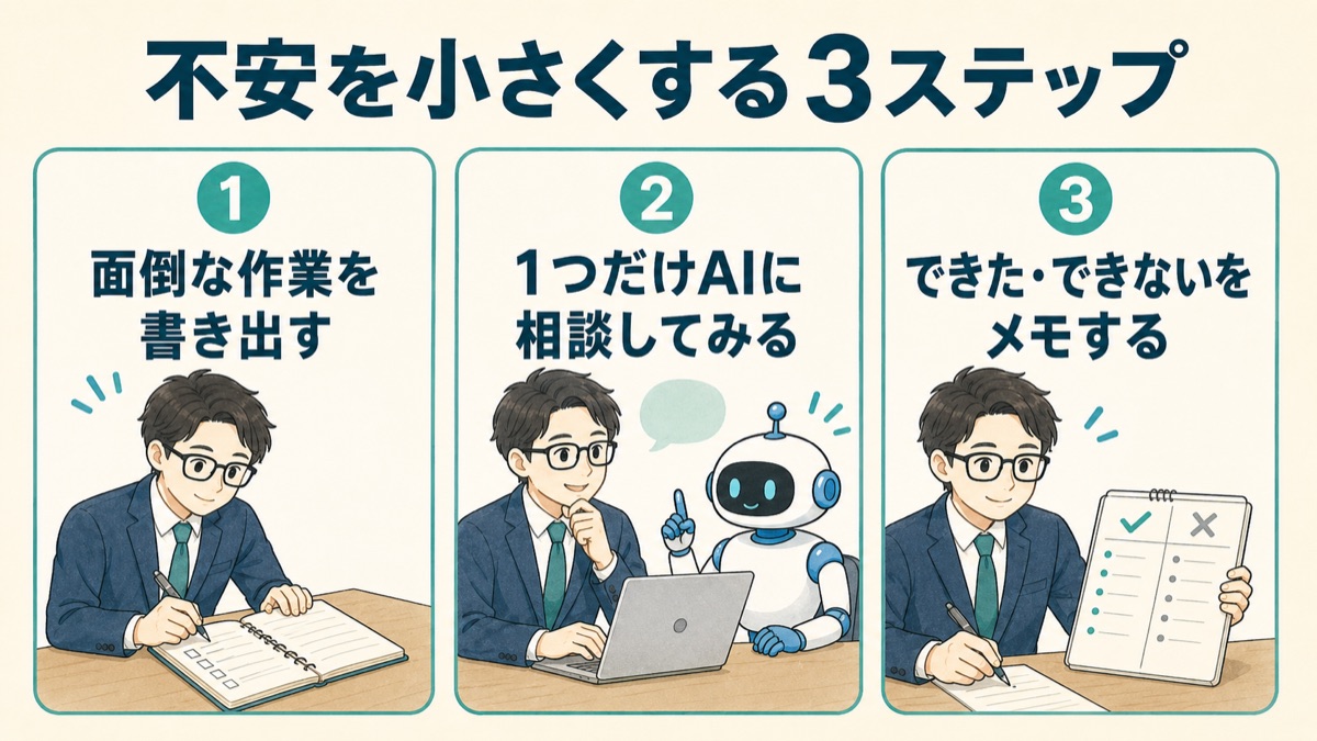 不安を小さくする3ステップを示した図。①面倒な作業を書き出す、②1つだけAIに相談してみる、③できたこと・できなかったことをメモする