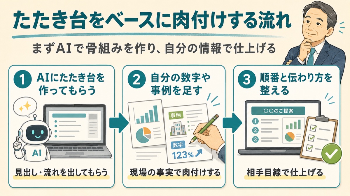 AIが作ったたたき台をベースに、数字や事例を足し、相手目線で仕上げる3ステップの図