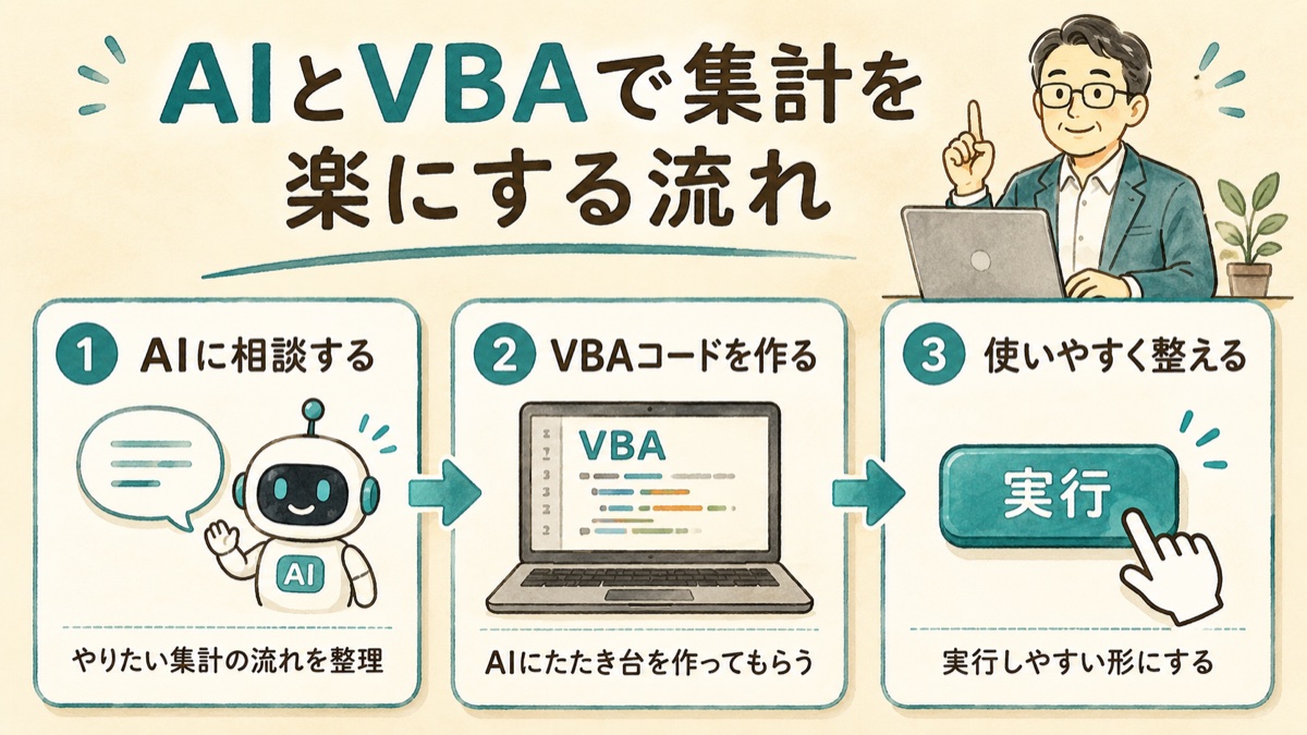 AIとVBAで集計を楽にする流れを3ステップで示した図