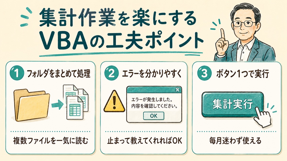集計作業を楽にするVBAの工夫ポイントを3つで示した図