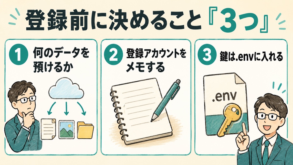 登録前に決めておく3つのことを示した図。①何のデータを預けるか、②どのアカウントで登録するか記録する、③APIキーは.envに入れてコードに書かない