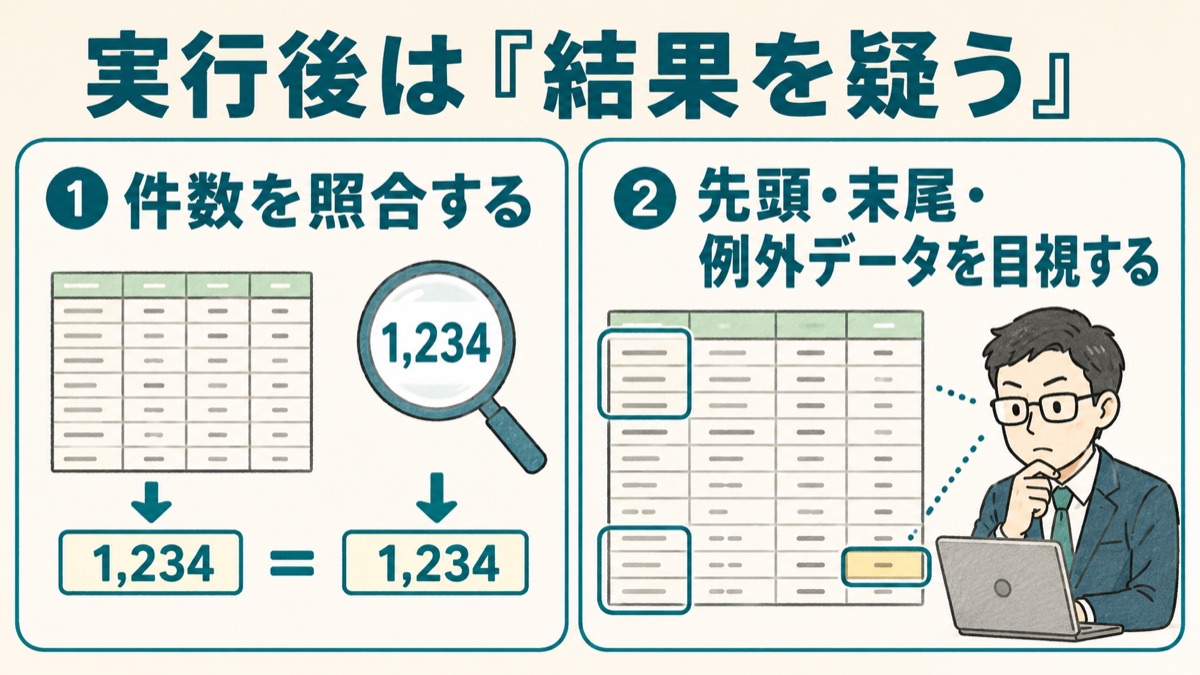 VBA実行後の確認2項目を示した図。①件数の照合（元データと処理後の件数を比べる）、②先頭・末尾・例外データの目視確認