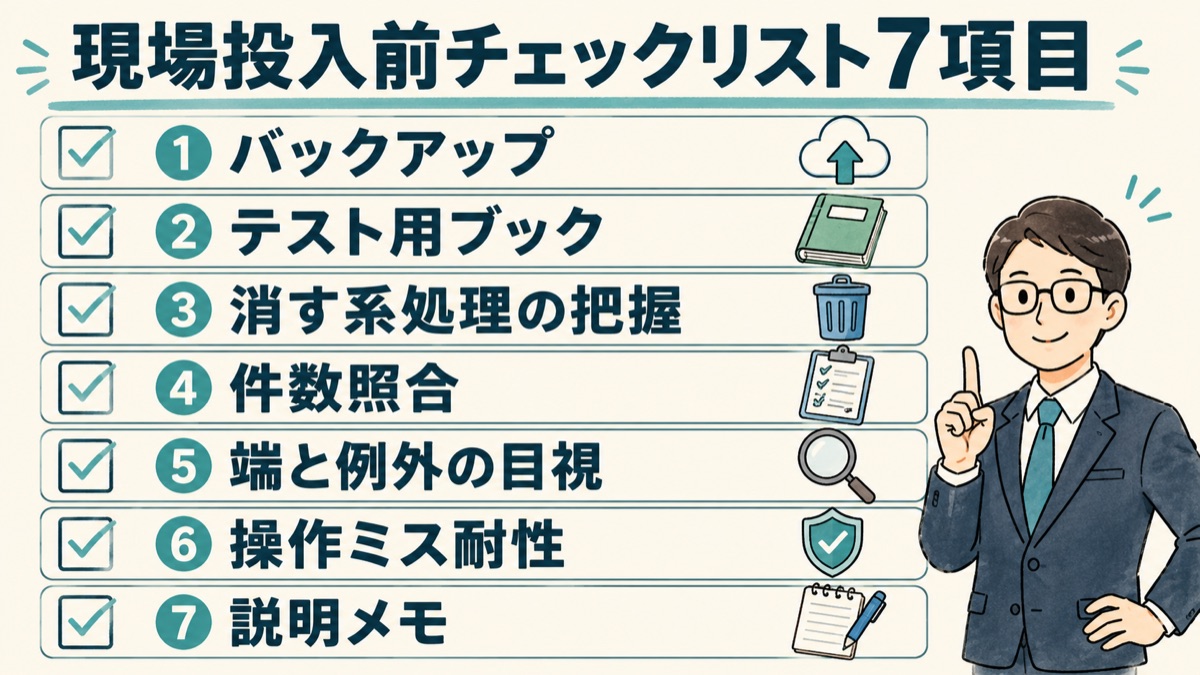 AI製VBAの現場投入前チェックリスト7項目の一覧図。バックアップ、テスト用ブック、消す系処理の確認、件数照合、端と例外の目視、操作ミス耐性、説明メモ
